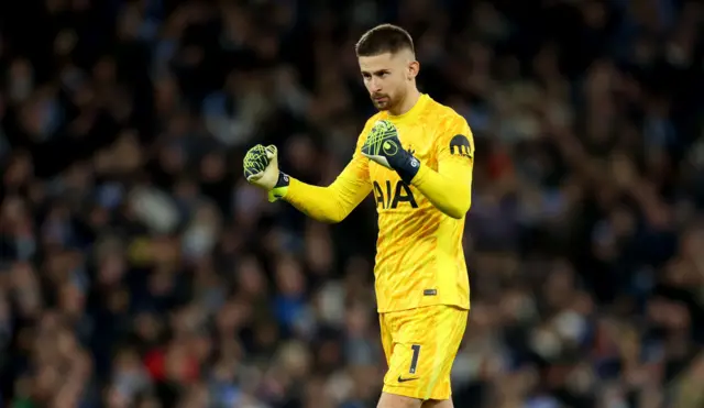 Guglielmo Vicario celebrates during Tottenham's win at Manchester City