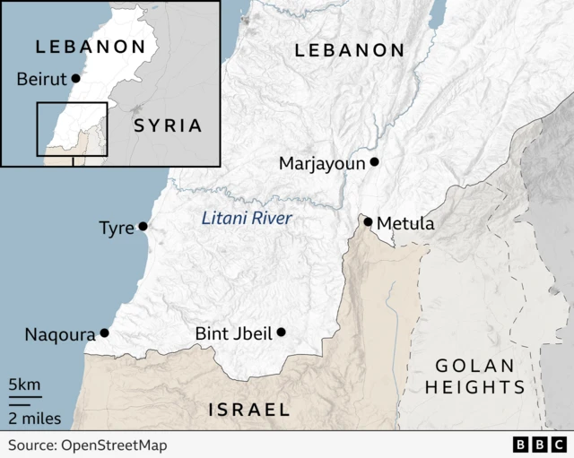 A map shows Israel and Lebanon in close up and points out where the Litani River bisects the country of Lebanon - this is in the south of the country, and is where Hezbollah fighters would withdraw from