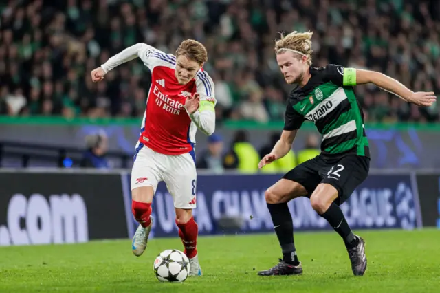 Martin Odegaard playing for Arsenal against Sporting