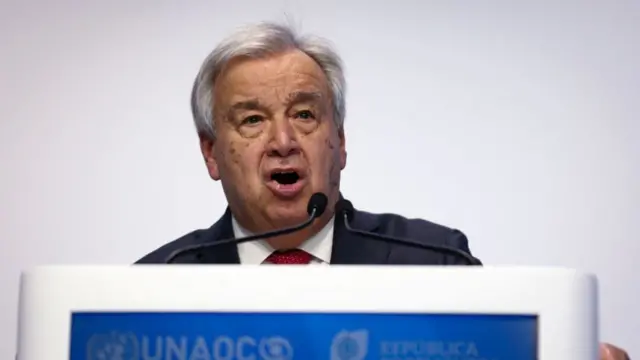 United Nations Secretary-General Antonio Guterres delivers a speech during the 10th Global Forum of the United Nations Alliance of Civilizations, in Cascais, Portugal, on November 26, 2024