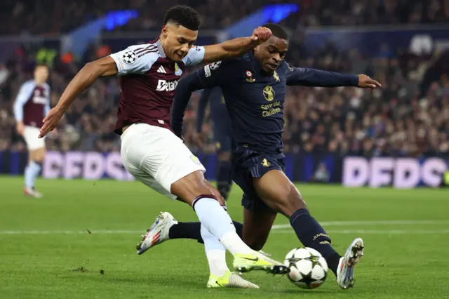 Pierre Kalulu fails defend a wide shot by Aston Villa's English striker Ollie Watkins