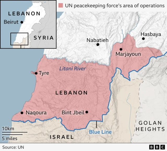 Map showing UN peacekeeping force's area of operations