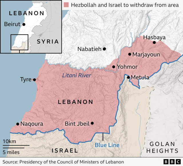 Map showing marked in red the area between the Blue Line - the unofficial border between Lebanon and Israel - and the Litani river, about 30km (20 miles) to the north.