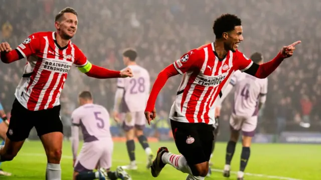 Malik Tillman of PSV celebrates after scoring