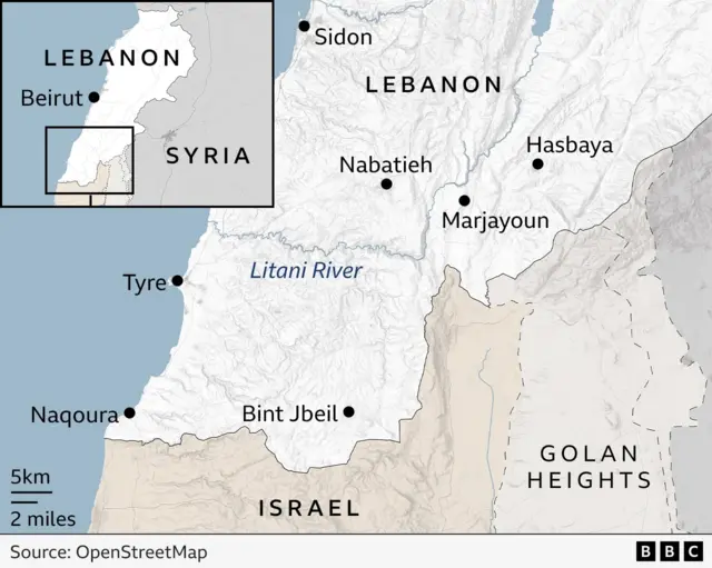 A map of Lebanon, showing the Litani River about 30km north of the unofficial border between Lebanon and Israel, known as the Blue Line