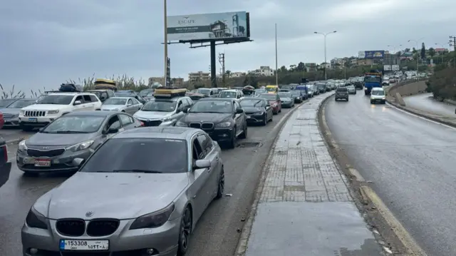 Car queue into the distance on a motorway in Lebanon