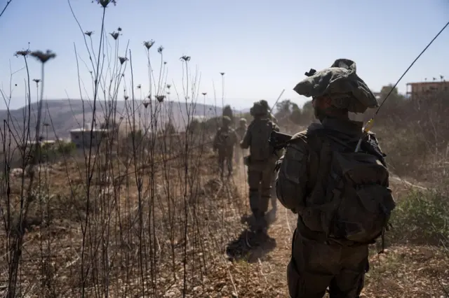 Israeli soldiers operate at a location given as Southern Lebanon in this image released on October 6, 2024