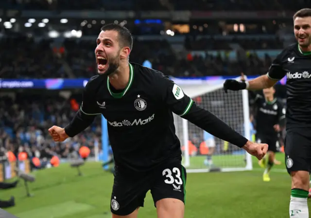 David Hancko celebrates scoring against Manchester City