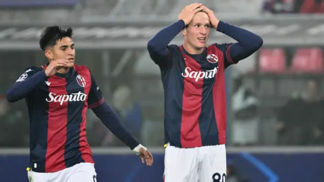 Bologna's Italian midfielder Giovanni Fabbian reacts