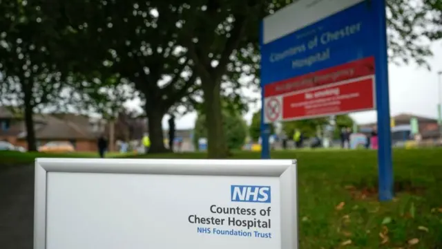 Sign reading 'Countess of Chester Hospital NHS Foundation Trust' in front of a field. In the field there are a couple of trees with a big blue sign reading: 'Countess of Chester Hospital'