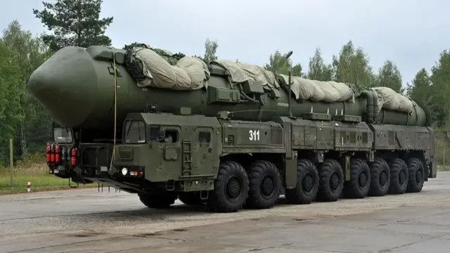 The Yars-M missile, which is long and dark green with eight tires. Media reports say the Oreshnik could be a scaled-down version of this.