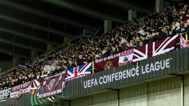 A general view of Hearts fans before a UEFA Conference League 2024/25 League Phase MD4 match between Cercle Brugge and Heart of Midlothian at the Jan Breydel Stadium