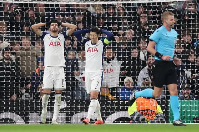 Dominic Solanke and Son Heung-Min of Tottenham Hotspur react