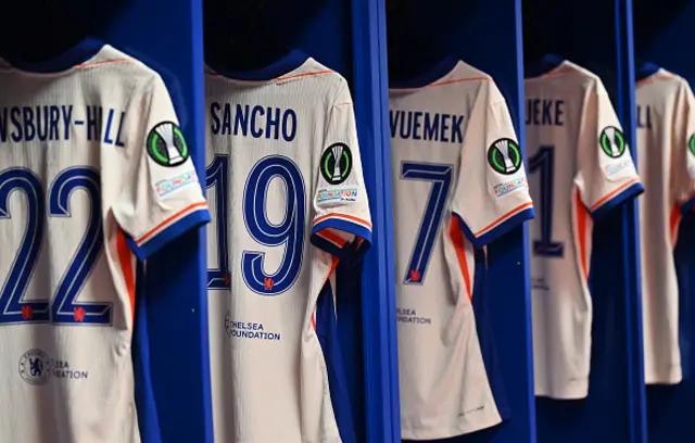 A general view of shirts on display inside of the Chelsea dressing room