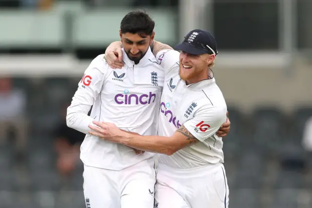 Shoaib Bashir celebrates with Ben Stokes