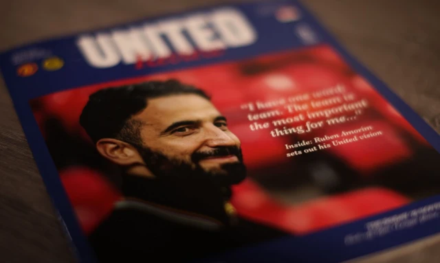 Manchester United manager Ruben Amorim on the cover of the official matchday programme