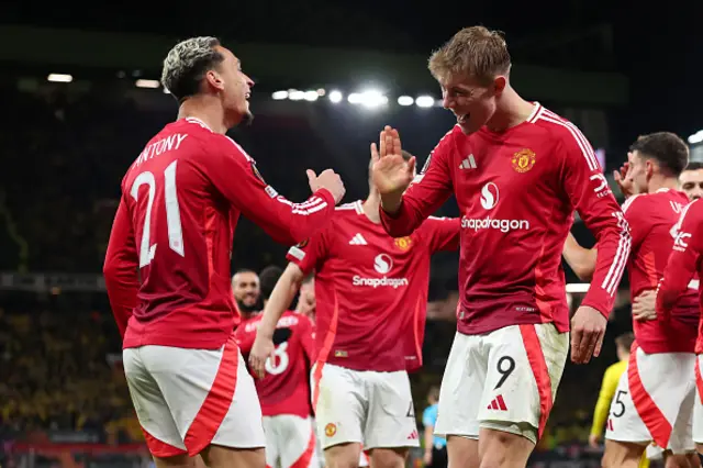 Rasmus Hojlund of Manchester United celebrates with teammates