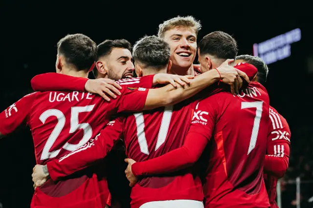 Rasmus Hojlund celebrates with teammates