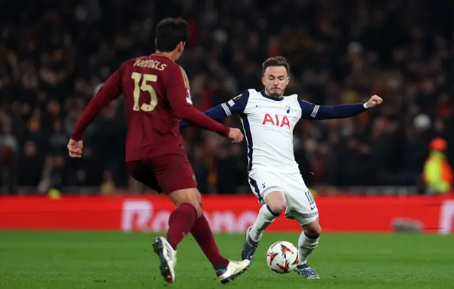 Mats Hummels of AS Roma and James Maddison of Tottenham Hotspur in action