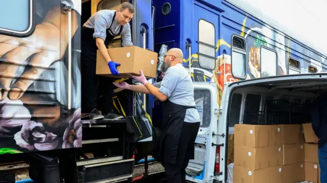 Two men unloading carton boxes from a train into a van