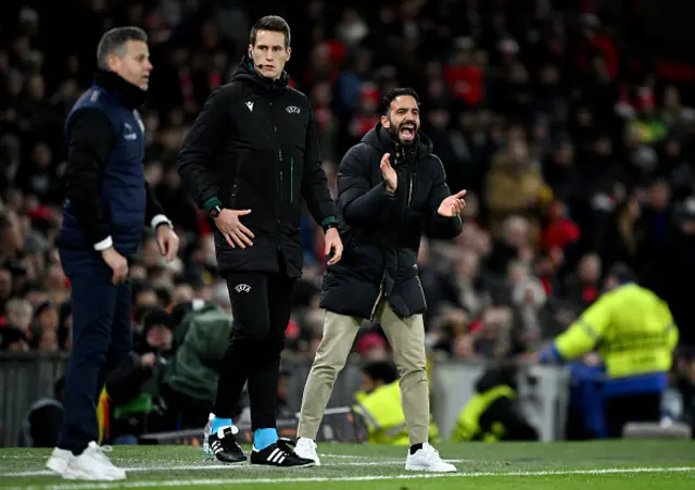 Ruben Amorim, Head Coach of Manchester United, reacts