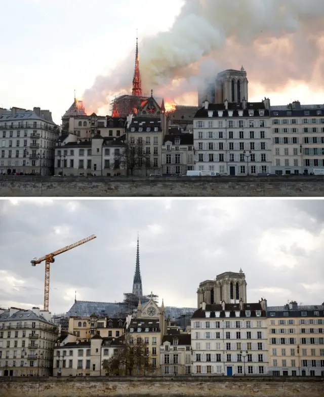 A composite image showing a burning Notre-Dame above the newly restored building, both from the same angle