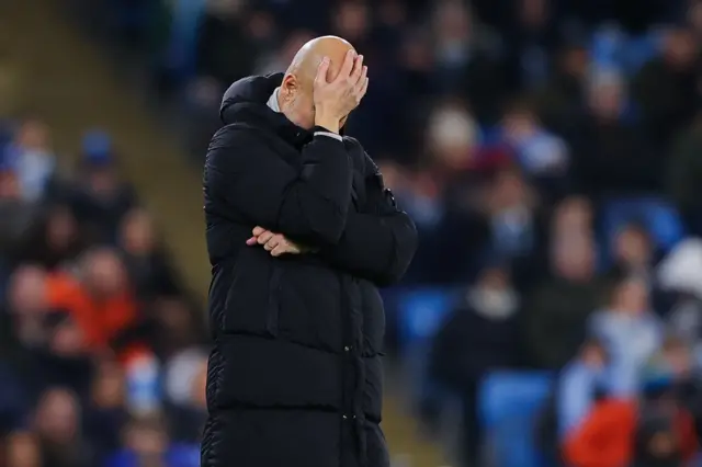 Pep Guardiola reacts during Man City's Champions League draw with Feyenoord