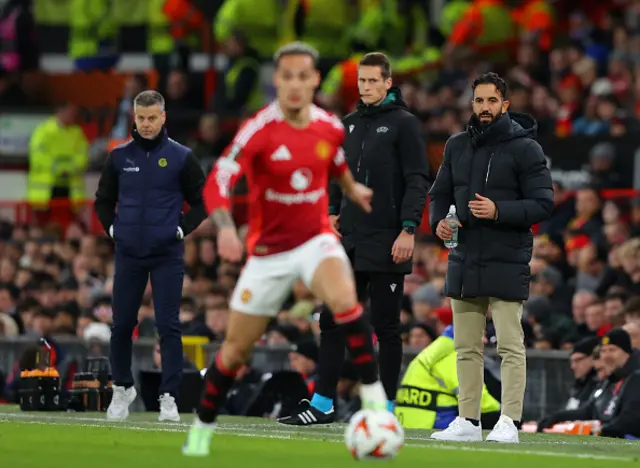 Kjetil Knutsen, Manager of FK Bodo/Glimt and Manchester United Manager Ruben Amorim look on