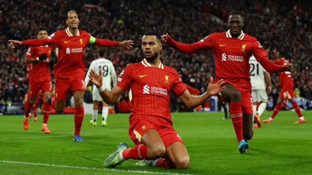 Cody Gakpo celebrates scoring for Liverpool against Real Madrid