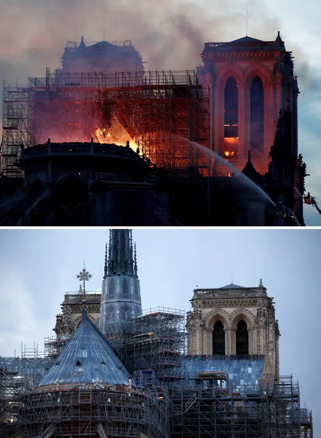 A composite image showing a burning Notre-Dame above the newly restored building, both from the same angle