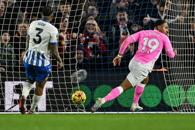 Cameron Archer (R) scores a goal that will be disallowed