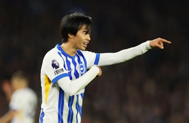 Kaoru Mitoma of Brighton & Hove Albion gestures