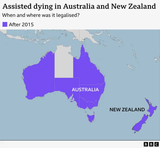 Map of Australia and New Zealand depicting where assisted dying has been legalised