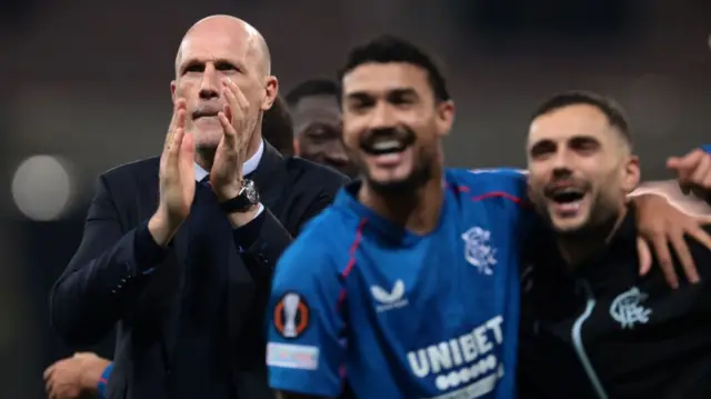 Philippe Clement applauds the Rangers fans in Nice