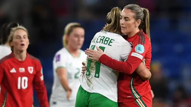 Kayleigh Barton of Wales (right) with Katie McCabe of Republic of Ireland