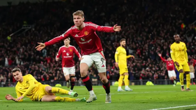 Rasmus Hojlund celebrates scoring for Manchester United against Bodo/Glimt