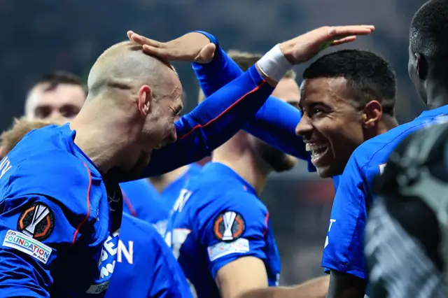 Goal scorer Hamza Igamane celebrates with his Rangers team-mates