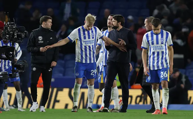 Fabian Hurzeler Manager of Brighton & Hove Albion argues with Russell Martin