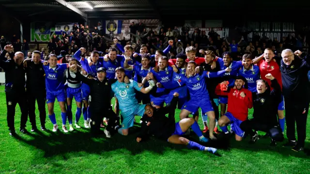 Gainsborough Trinity celebrate beating Hednesford on penalties