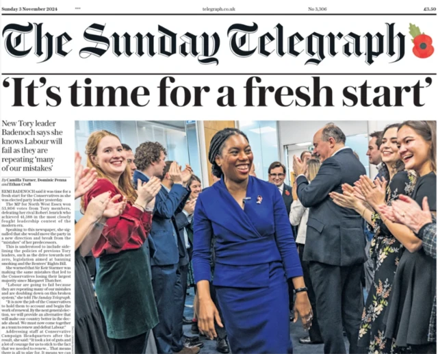 The front page of The Sunday Telegraph, with the headline "It's time for a fresh start"