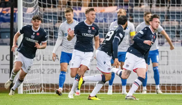 Dundee celebrate Jordan McGhee's goal against Kilmarnock