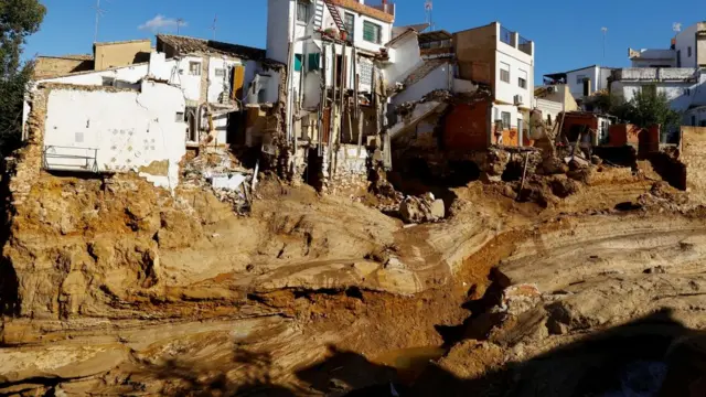 Damaged buildings are pictured, following heavy rains that caused floods, in Chiva, Spain