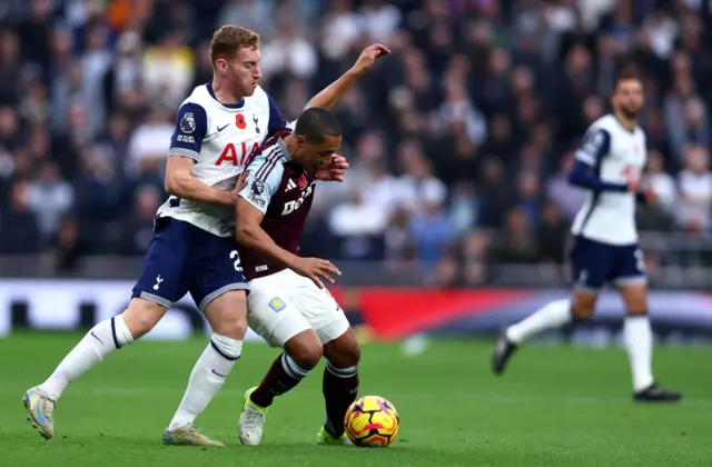 Youri Tielemans of Aston Villa and Dejan Kulusevski of Tottenham Hotspur in action