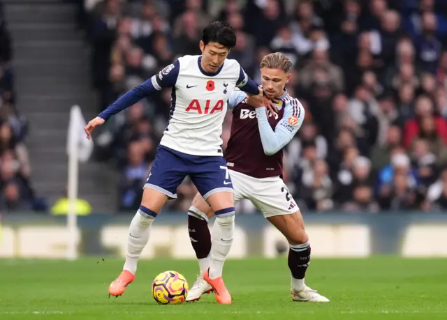 Tottenham Hotspur's Son Heung-Min (left) and Aston Villa's Matty Cash battle for the bal