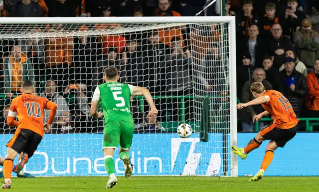 Sam Dalby scores a penalty for Dundee United against Hibernian