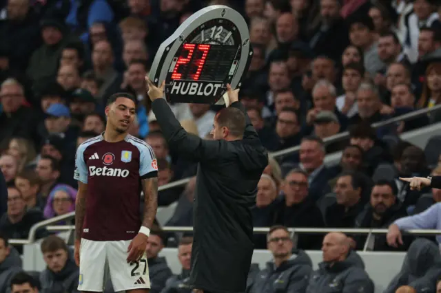 Aston Villa's English midfielder #27 Morgan Rogers (L) reacts