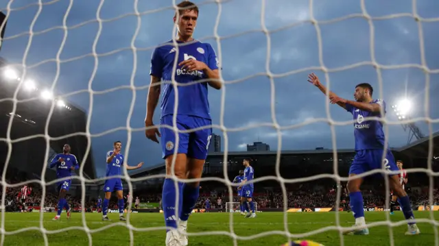 Leicester City's Jannik Vestergaard looks dejected.