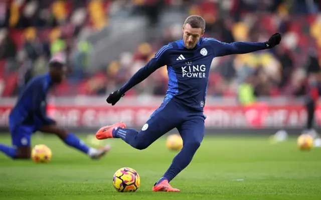 Jamie Vardy of Leicester City shoots as he warms up