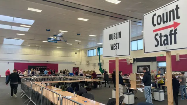 The count centre for Dublin West, there is also a sign that says Count Staff