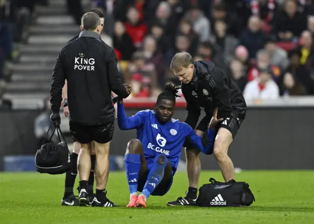 Leicester City's Caleb Okoli after sustaining an injury.